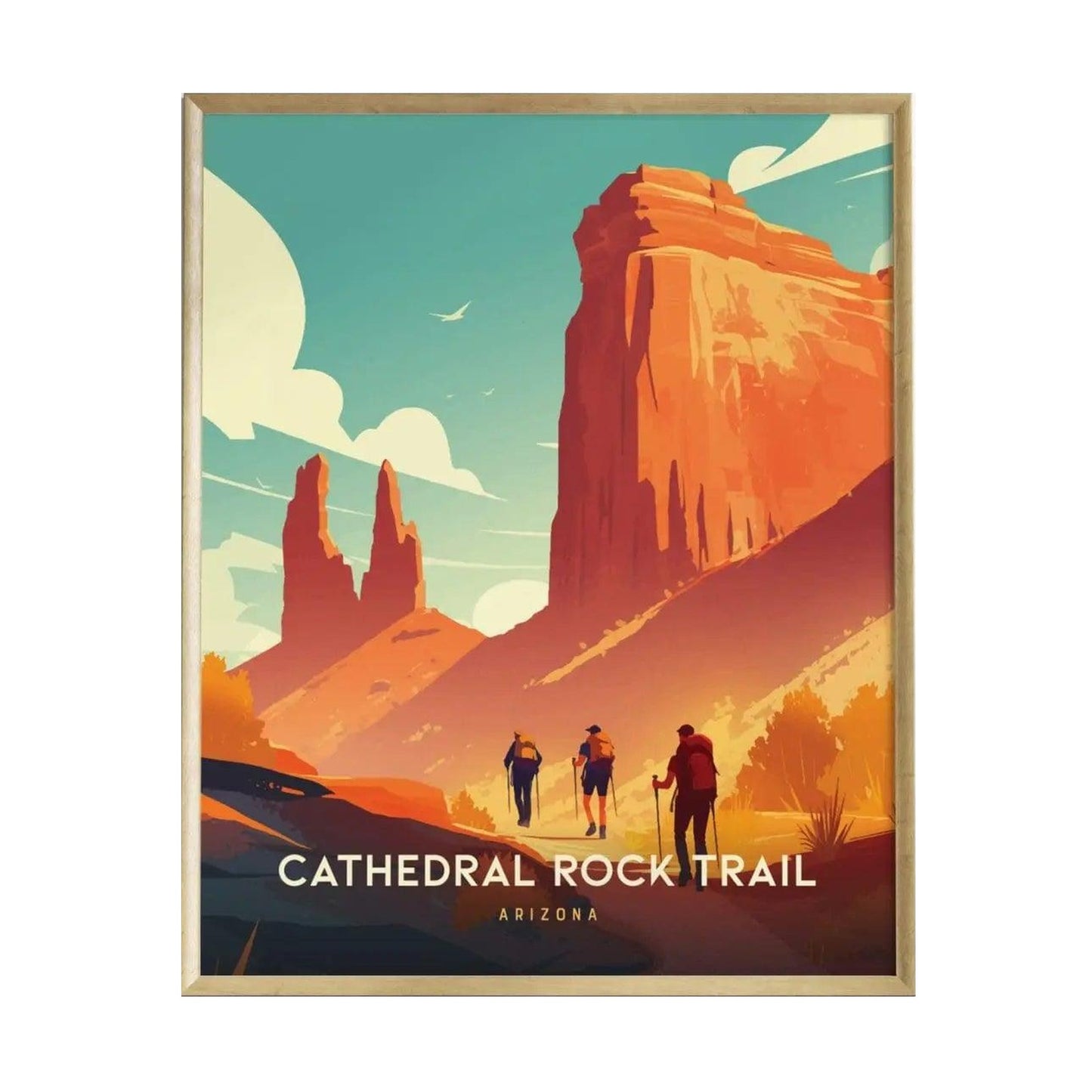 A vibrant illustrated poster of Cathedral Rock Trail in Sedona, Arizona, featuring three hikers walking towards towering red rock formations under a blue sky.