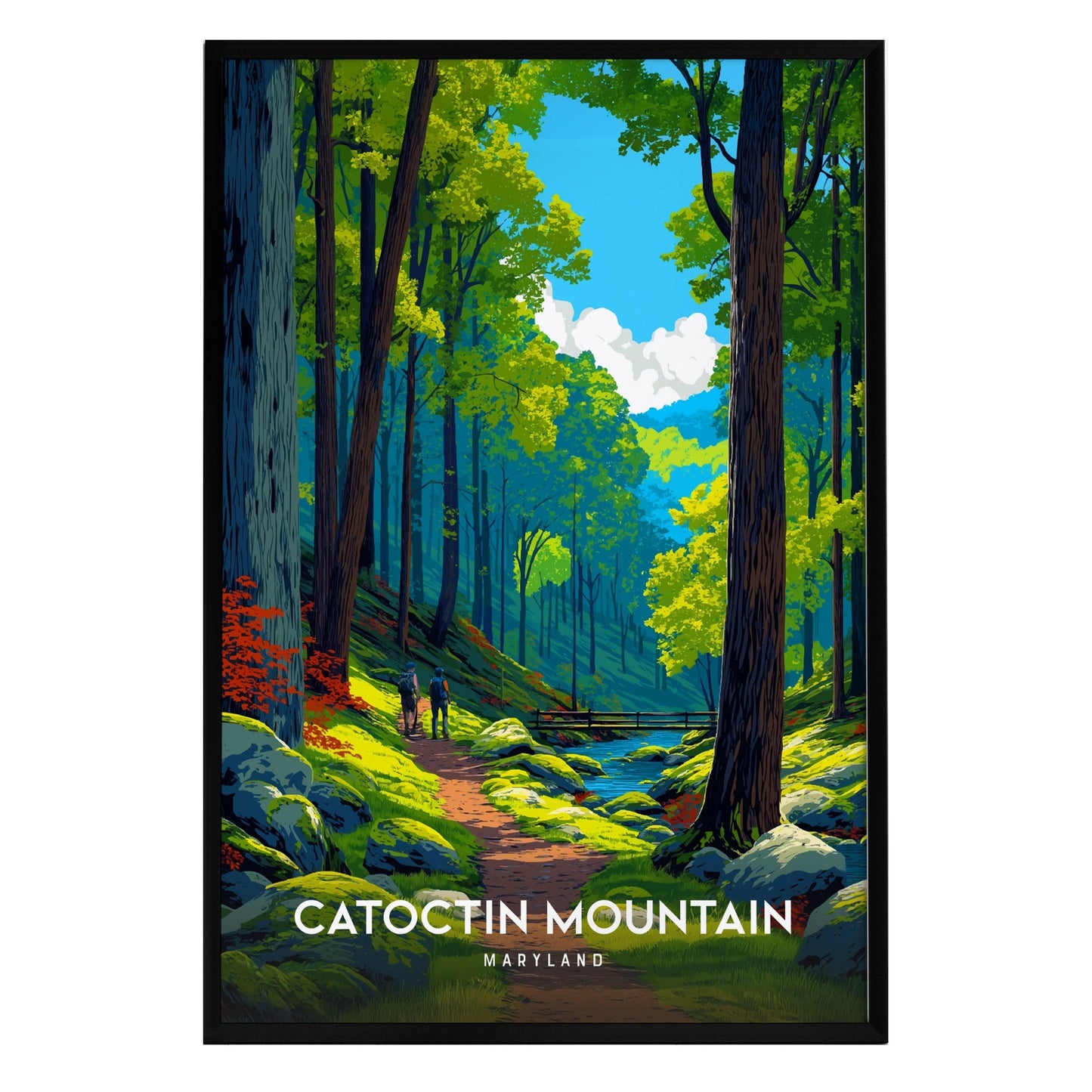 A vibrant art print of Catoctin Mountain in Maryland, showcasing a serene forest path surrounded by tall green trees and colorful foliage. Sunlight streams through the leaves, illuminating a peaceful landscape that invites exploration.