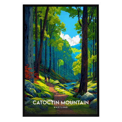 A vibrant art print of Catoctin Mountain in Maryland, showcasing a serene forest path surrounded by tall green trees and colorful foliage. Sunlight streams through the leaves, illuminating a peaceful landscape that invites exploration.