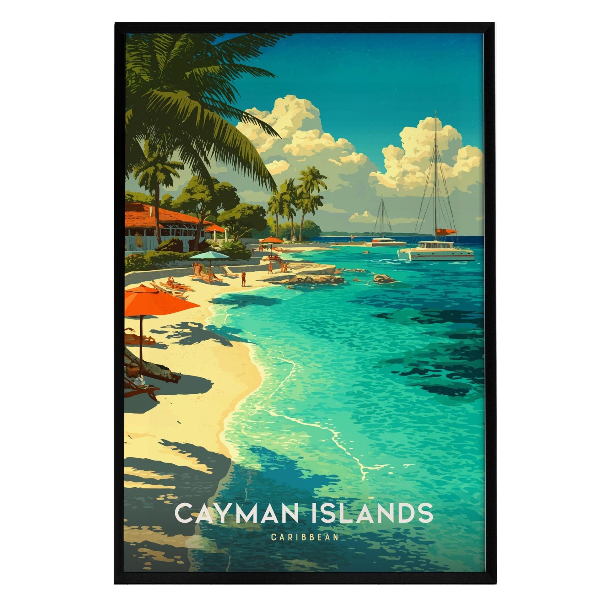 A vibrant poster of the Cayman Islands features a picturesque beach scene with turquoise waters, swaying palm trees, and colorful beach umbrellas. Sailboats are anchored in the background, capturing the essence of a tropical paradise.