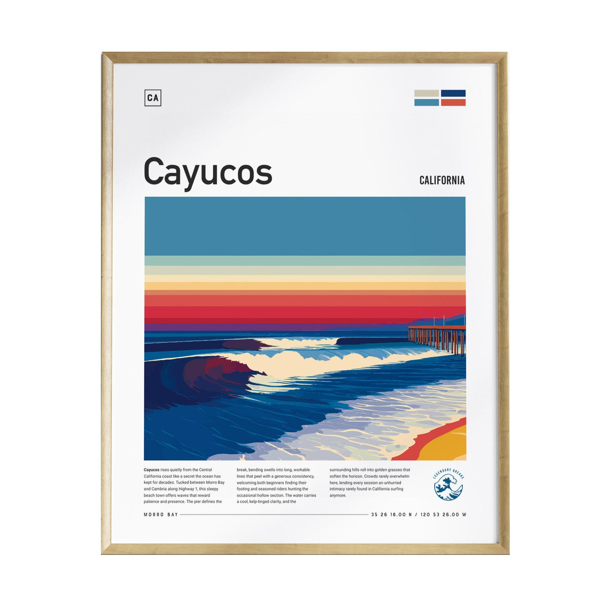 A framed poster features a vibrant illustration of Cayucos, California, showcasing colorful waves crashing near a historic pier under a sunset sky. Text at the top includes Cayucos and California, adding to the coastal arts charm.
