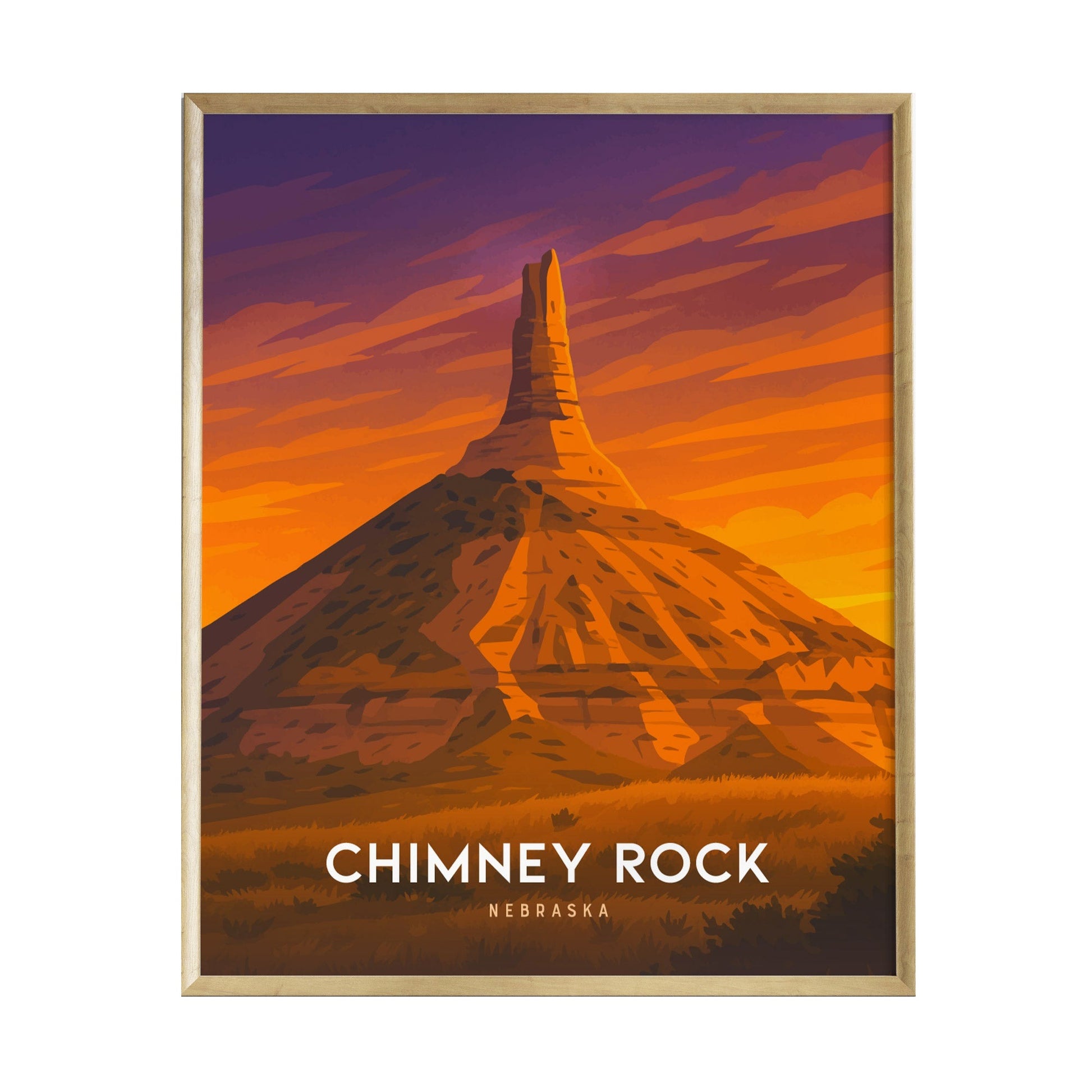 A vintage-style poster of Chimney Rock in Nebraska features a dramatic depiction of the rock formation against a vibrant sunset sky filled with rich oranges and purples.