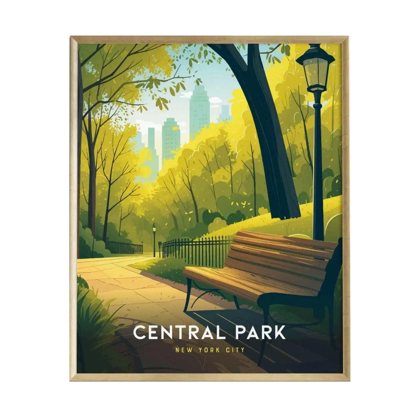 A vibrant illustration of Central Park features a serene path lined with lush trees and a park bench. The Manhattan skyline can be seen in the background, creating a harmonious blend of nature and urban life.