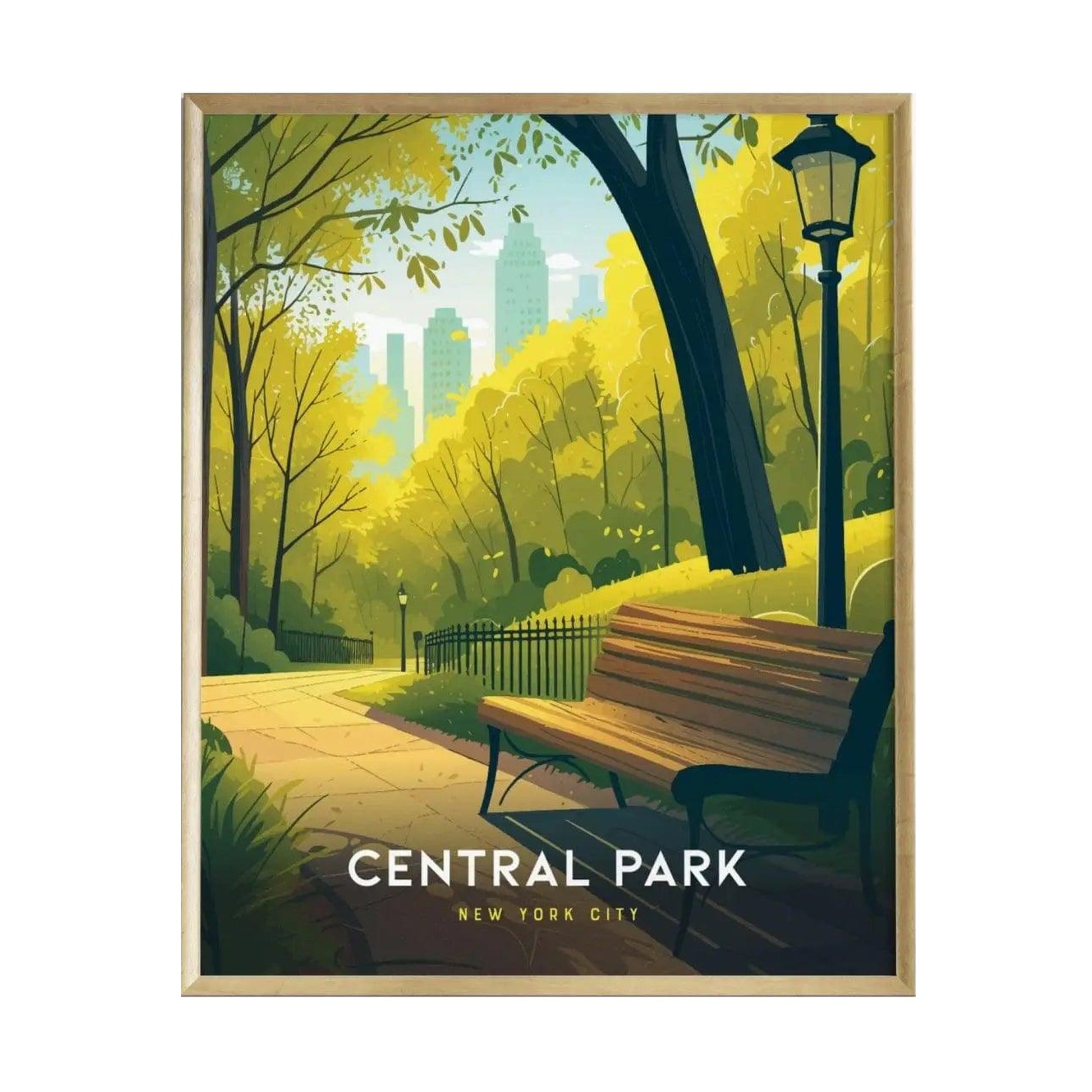 A vibrant illustration of Central Park features a serene path lined with lush trees and a park bench. The Manhattan skyline can be seen in the background, creating a harmonious blend of nature and urban life.
