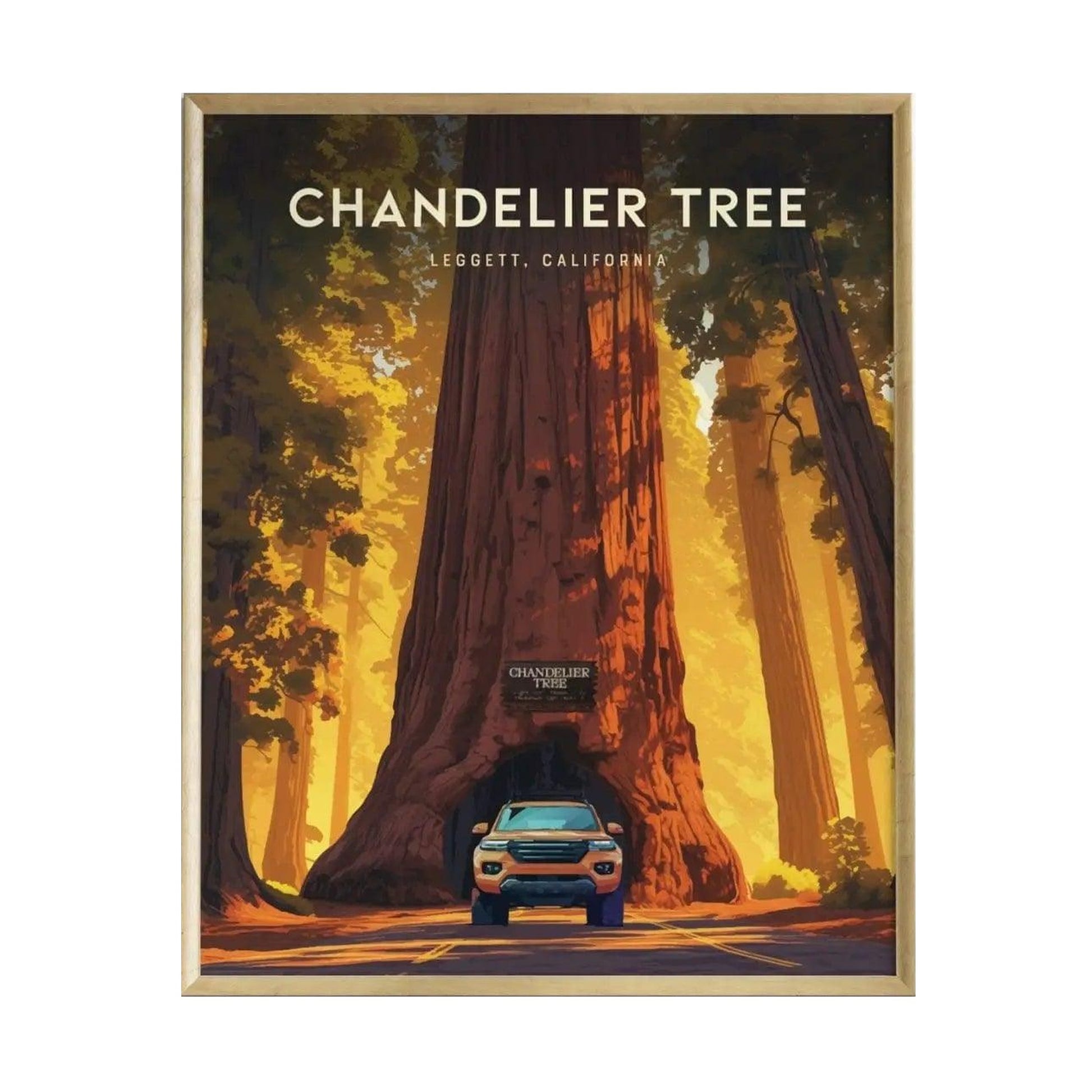 A framed art print depicting the iconic Chandelier Tree in Leggett, California, showcases a large redwood with a tunnel carved through its base.