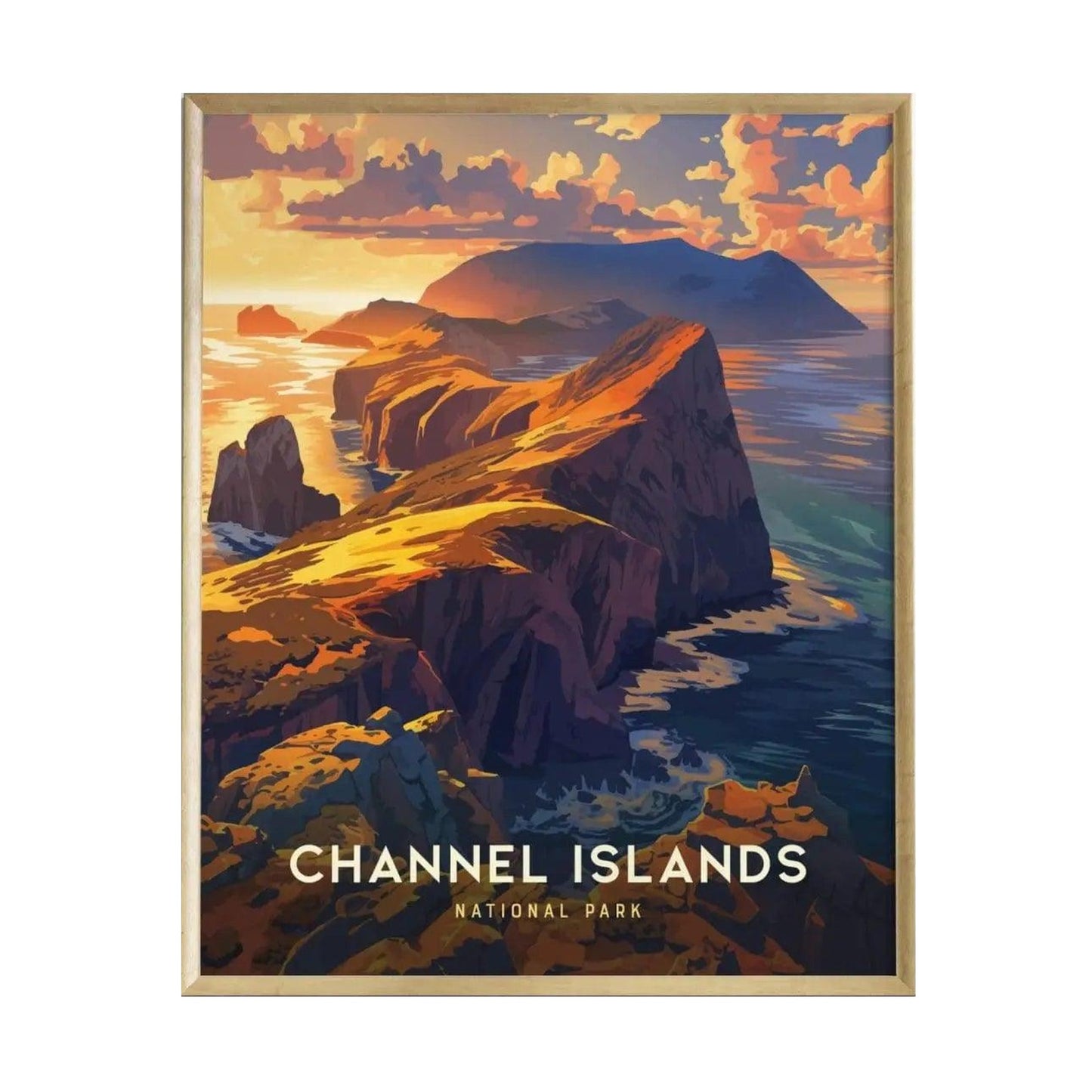 A vibrant art print of Channel Islands National Park features rugged cliffs and a dramatic coastline bathed in warm sunset hues. The serene turquoise waters add to the breathtaking beauty of this California coastal landscape.