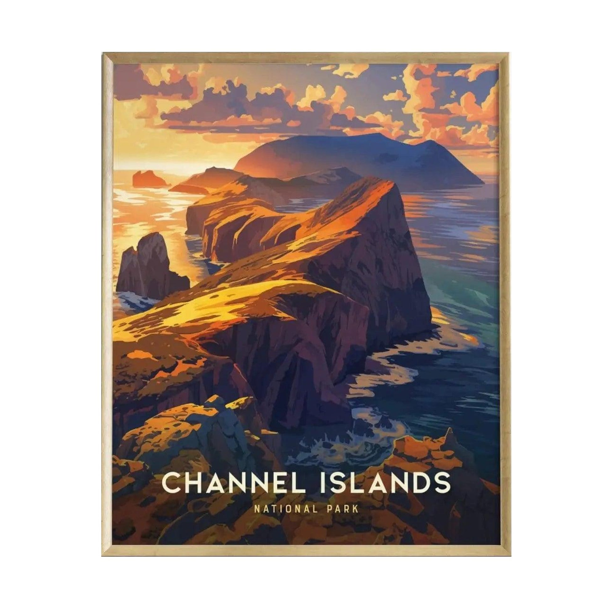 A vibrant art print of Channel Islands National Park features rugged cliffs and a dramatic coastline bathed in warm sunset hues. The serene turquoise waters add to the breathtaking beauty of this California coastal landscape.