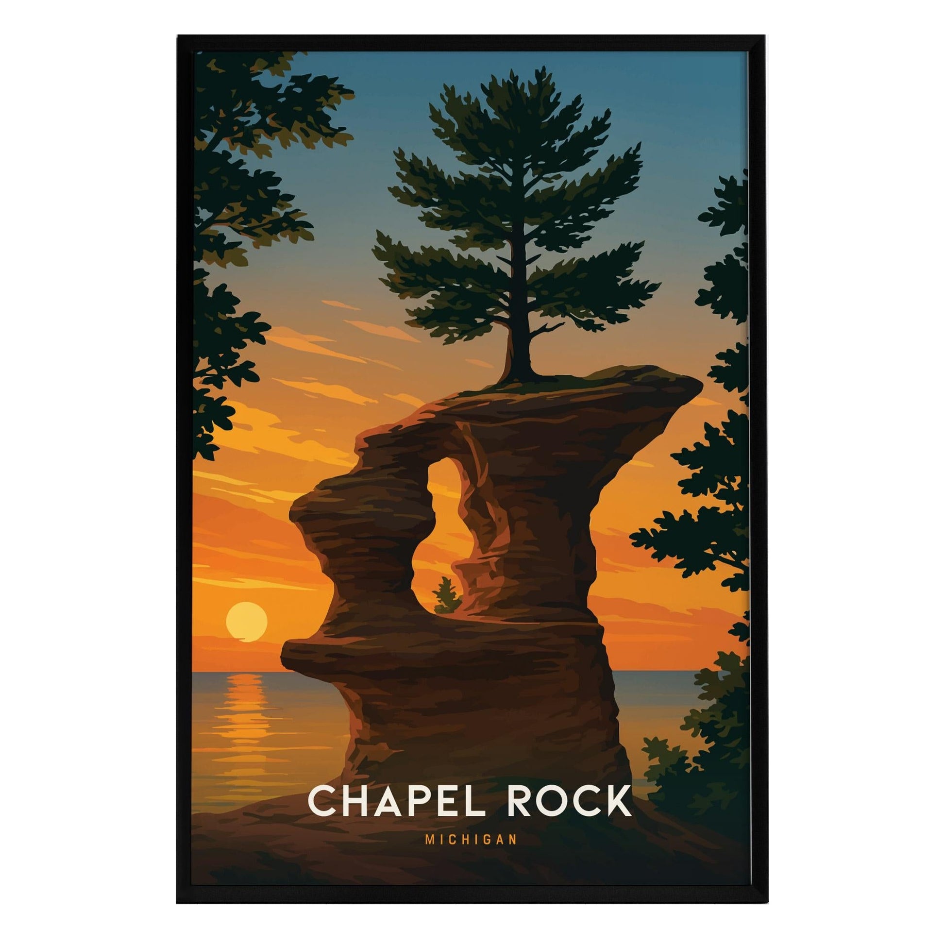 A vibrant illustration of Chapel Rock in Michigan, showcasing a solitary pine tree atop a sandstone formation against a golden sunset over Lake Superior. The artwork features bold colors and the text CHAPEL ROCK MICHIGAN at the bottom.