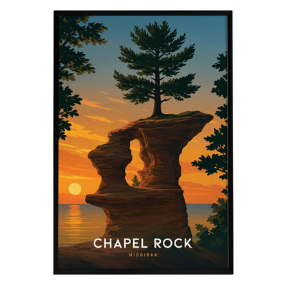 A vibrant illustration of Chapel Rock in Michigan, showcasing a solitary pine tree atop a sandstone formation against a golden sunset over Lake Superior. The artwork features bold colors and the text CHAPEL ROCK MICHIGAN at the bottom.