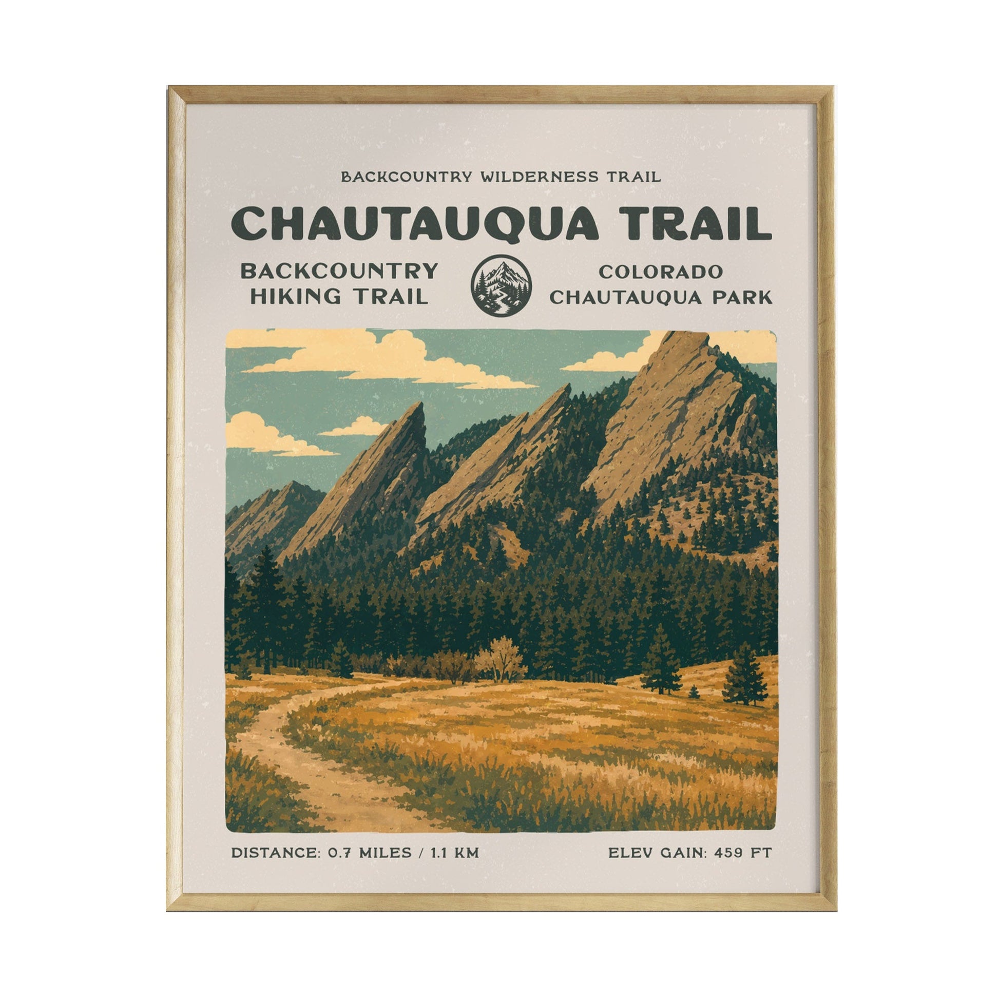A framed poster titled Chautauqua Trail features a scenic depiction of a mountainous landscape with towering peaks and a grassy foreground.
