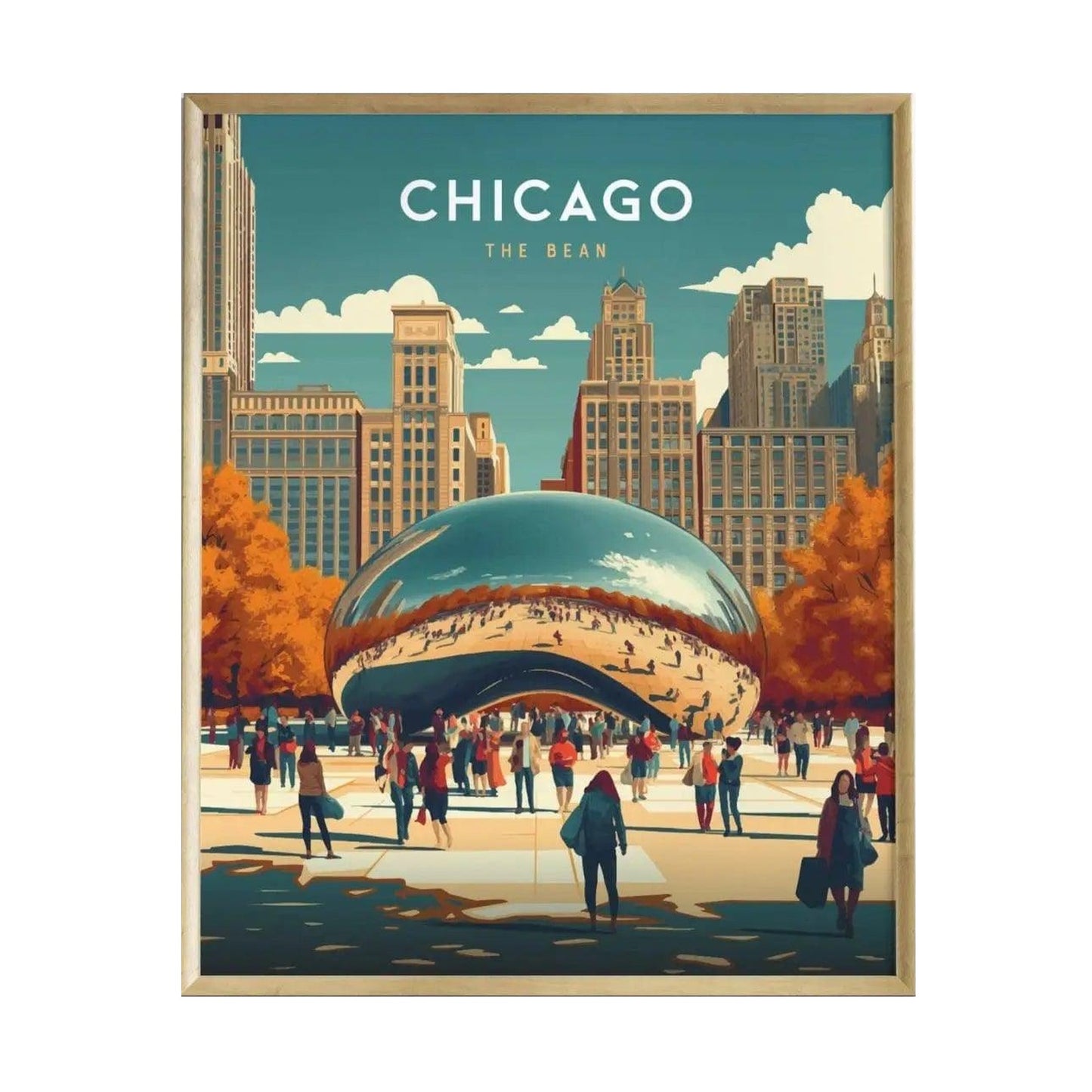 A vibrant illustration of the Cloud Gate sculpture, known as The Bean, set in Millennium Park, Chicago.