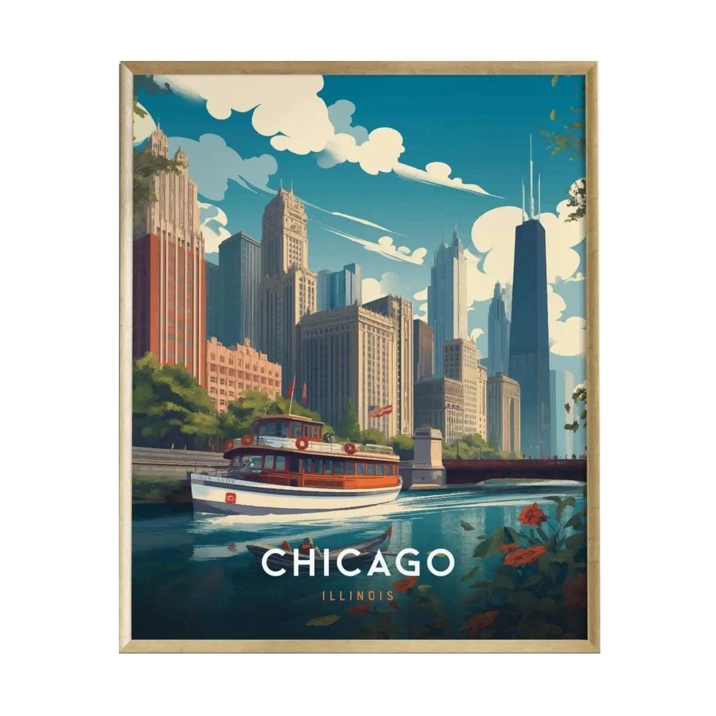 A vibrant illustration of the Chicago Riverwalk features a scenic view of the citys skyline with tall buildings and a boat on the river. The artwork captures the essence of urban life and natural beauty in Chicago, Illinois.