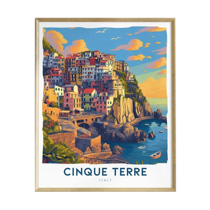 A vibrant illustration of the Cinque Terre coastline in Italy, featuring colorful cliffside villages stacked atop rocky terrain, with sparkling blue waters and boats in the foreground.