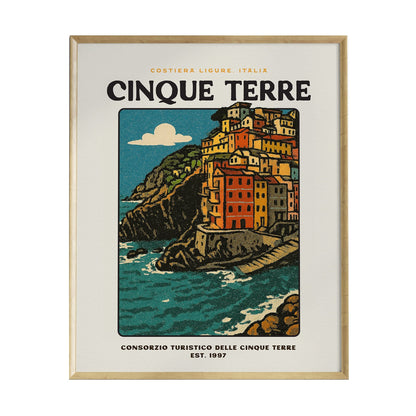 A vintage travel poster featuring the picturesque Cinque Terre, showcasing colorful stacked houses on a rocky coastline overlooking blue waters. The design includes bold graphics and text, capturing the charm of Italys coastal village.