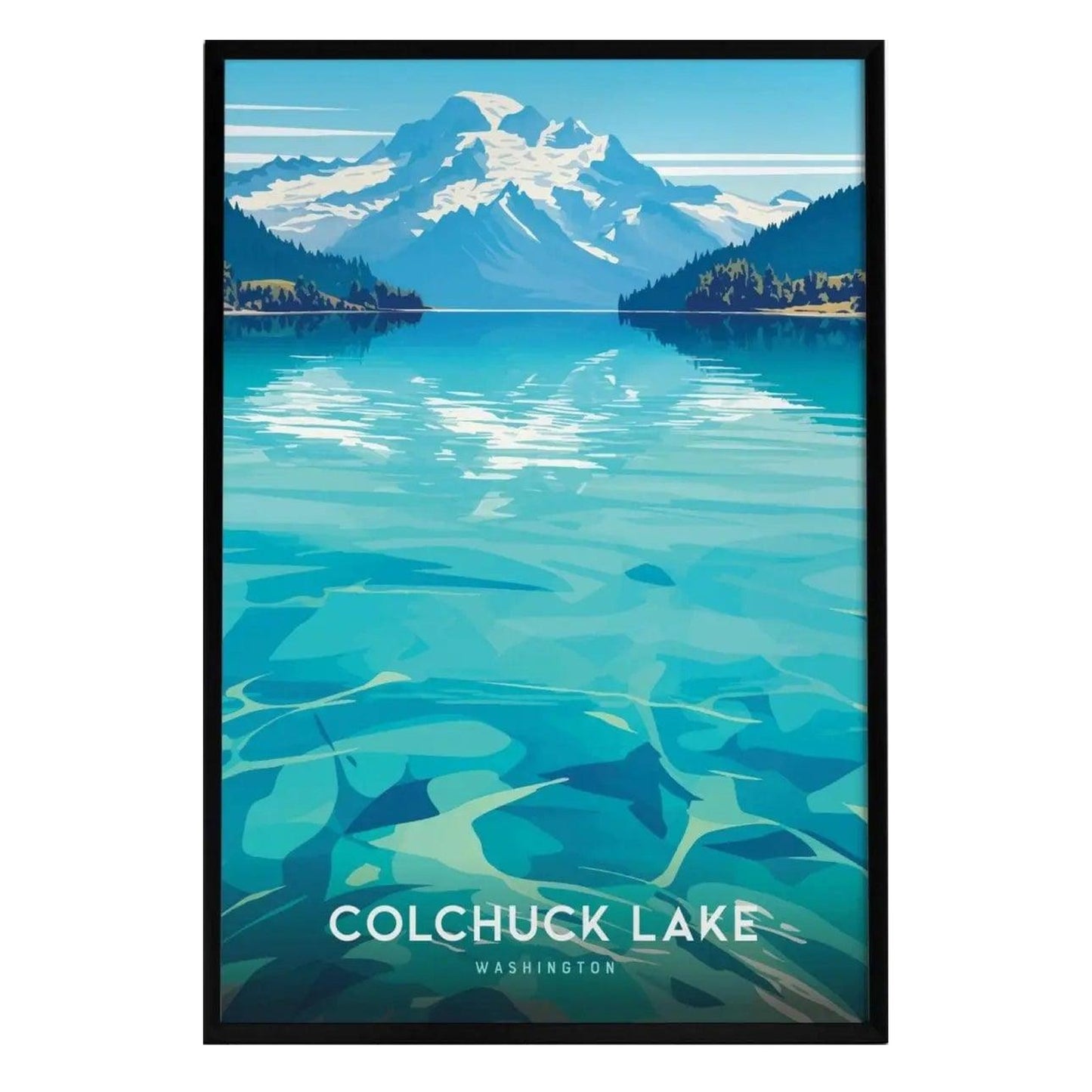 A vibrant poster depicting Colchuck Lake in Washington, featuring crystal-clear turquoise waters reflecting the surrounding mountains. The artwork captures the serene beauty of the landscape, complete with a bold title at the bottom.