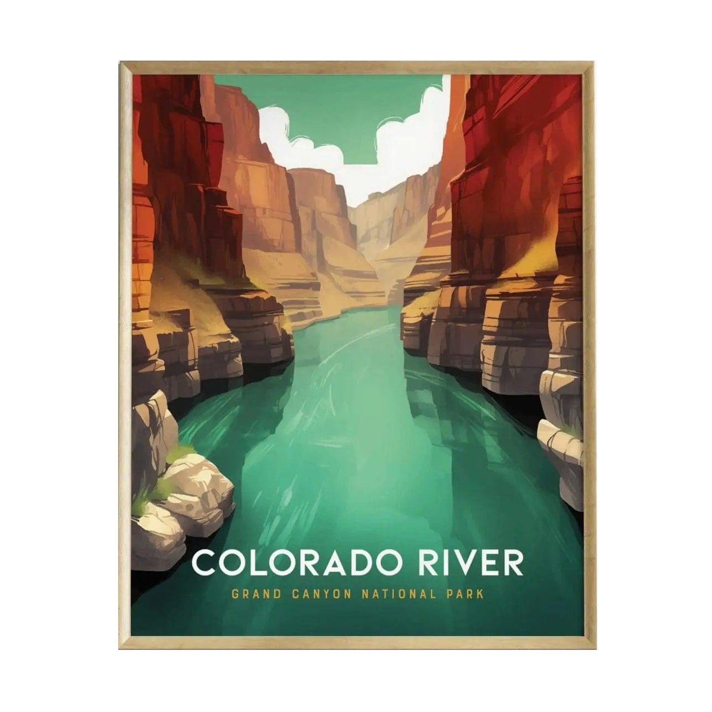 A vibrant poster depicting the Colorado River winding through the Grand Canyon, showcasing tall, red rock formations and a turquoise river under a bright sky. The text at the bottom reads COLORADO RIVER, GRAND CANYON NATIONAL PARK.