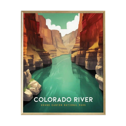 A vibrant poster depicting the Colorado River winding through the Grand Canyon, showcasing tall, red rock formations and a turquoise river under a bright sky. The text at the bottom reads COLORADO RIVER, GRAND CANYON NATIONAL PARK.
