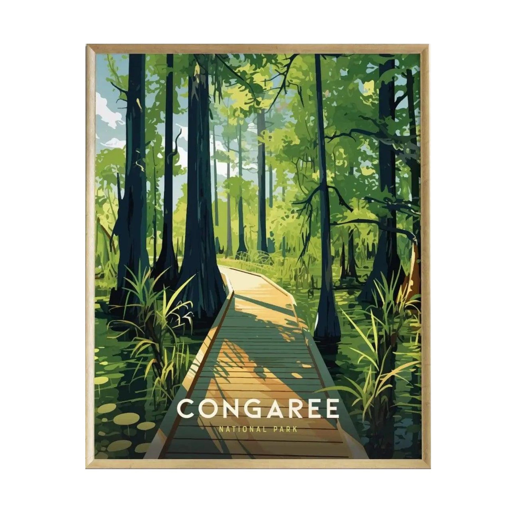 A vibrant illustration of Congaree National Park features a wooden boardwalk winding through lush green trees and tall grasses. Sunlight filters through the dense canopy, creating a serene and inviting atmosphere in the forest.