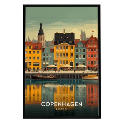 A colorful art print of Nyhavn Harbor in Copenhagen, Denmark, showcasing vibrant buildings reflecting in the calm water. The scene captures the lively atmosphere with people enjoying the waterfront cafes and sailboats along the quay.