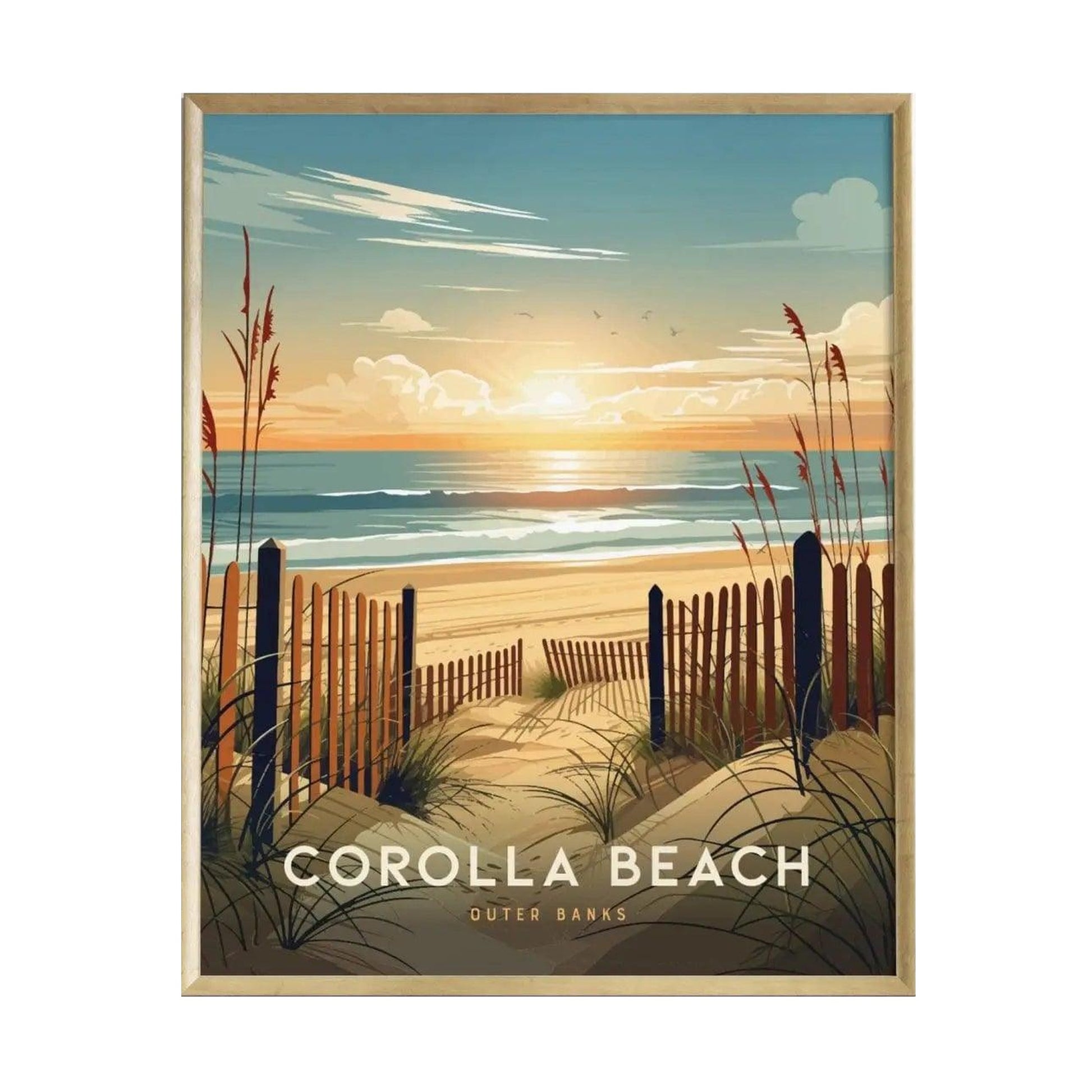 A beautifully illustrated poster of Corolla Beach showcases a serene coastal scene with golden sands, gentle waves, and a vibrant sunset.