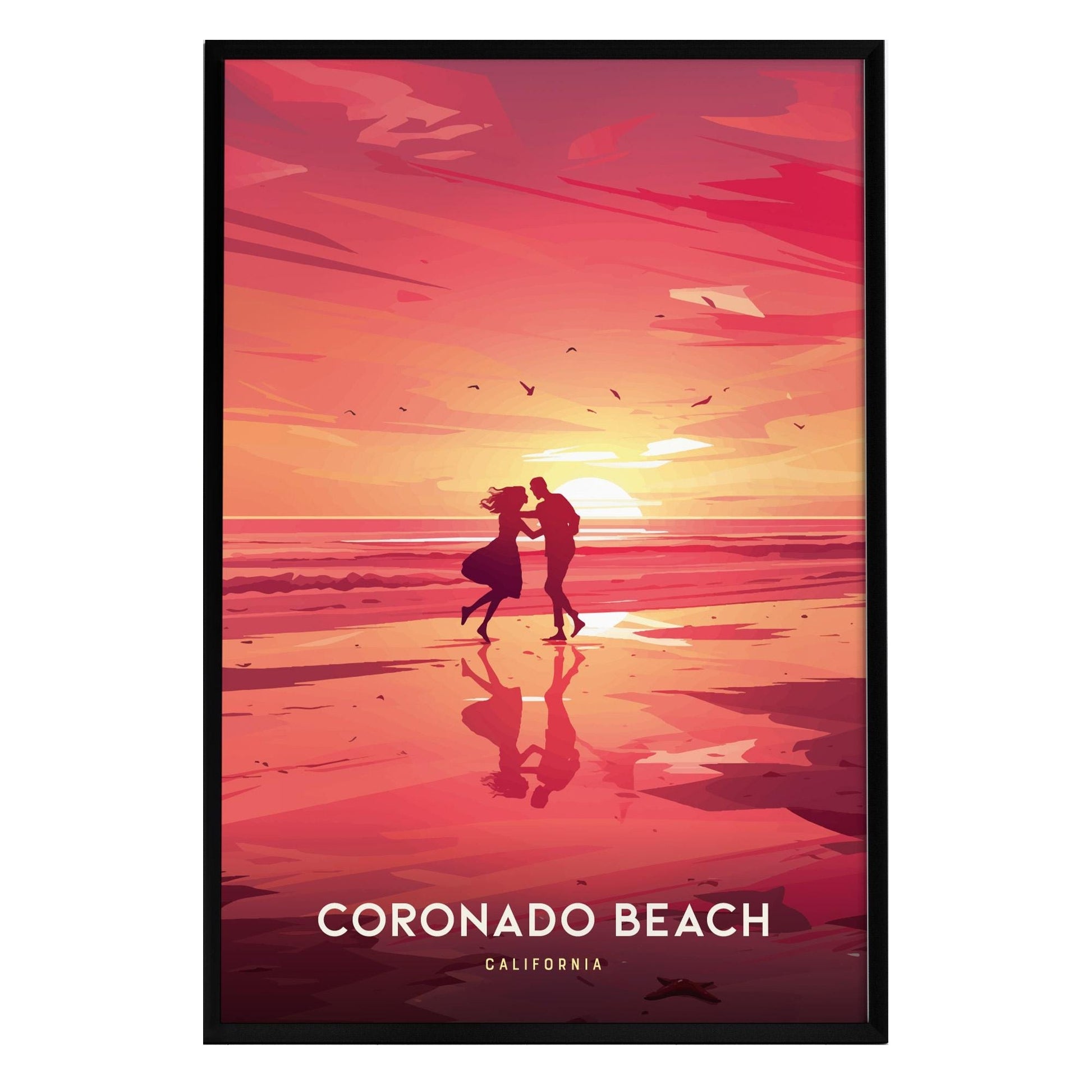 A vibrant poster depicting a couple dancing joyfully on the shoreline at Coronado Beach, with a stunning sunset casting warm hues over the Pacific Ocean.