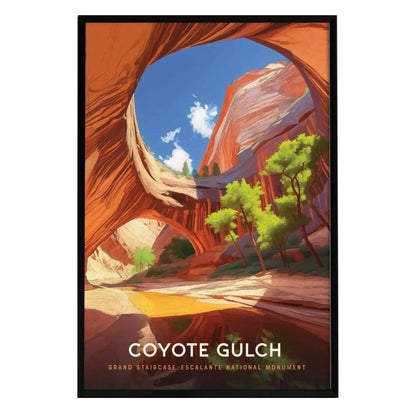 A vibrant poster depicting Coyote Gulch in the Grand Staircase–Escalante National Monument, featuring winding canyon walls and golden sandstone cliffs under a bright blue sky.
