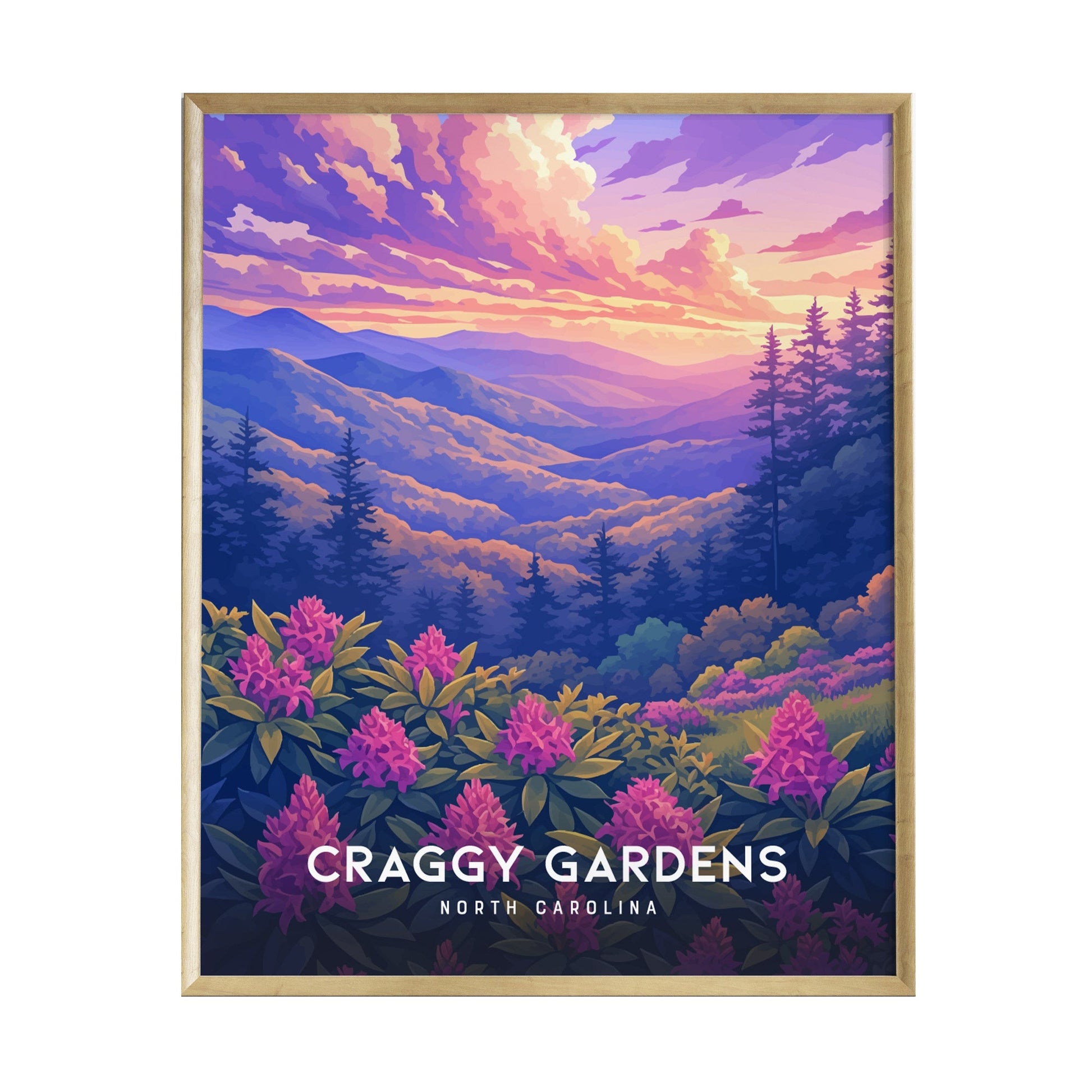 A vibrant illustration of Craggy Gardens in North Carolina showcases rolling mountains under a colorful sunset sky. Lush greenery and blooming rhododendrons in the foreground enhance the serene, picturesque landscape.