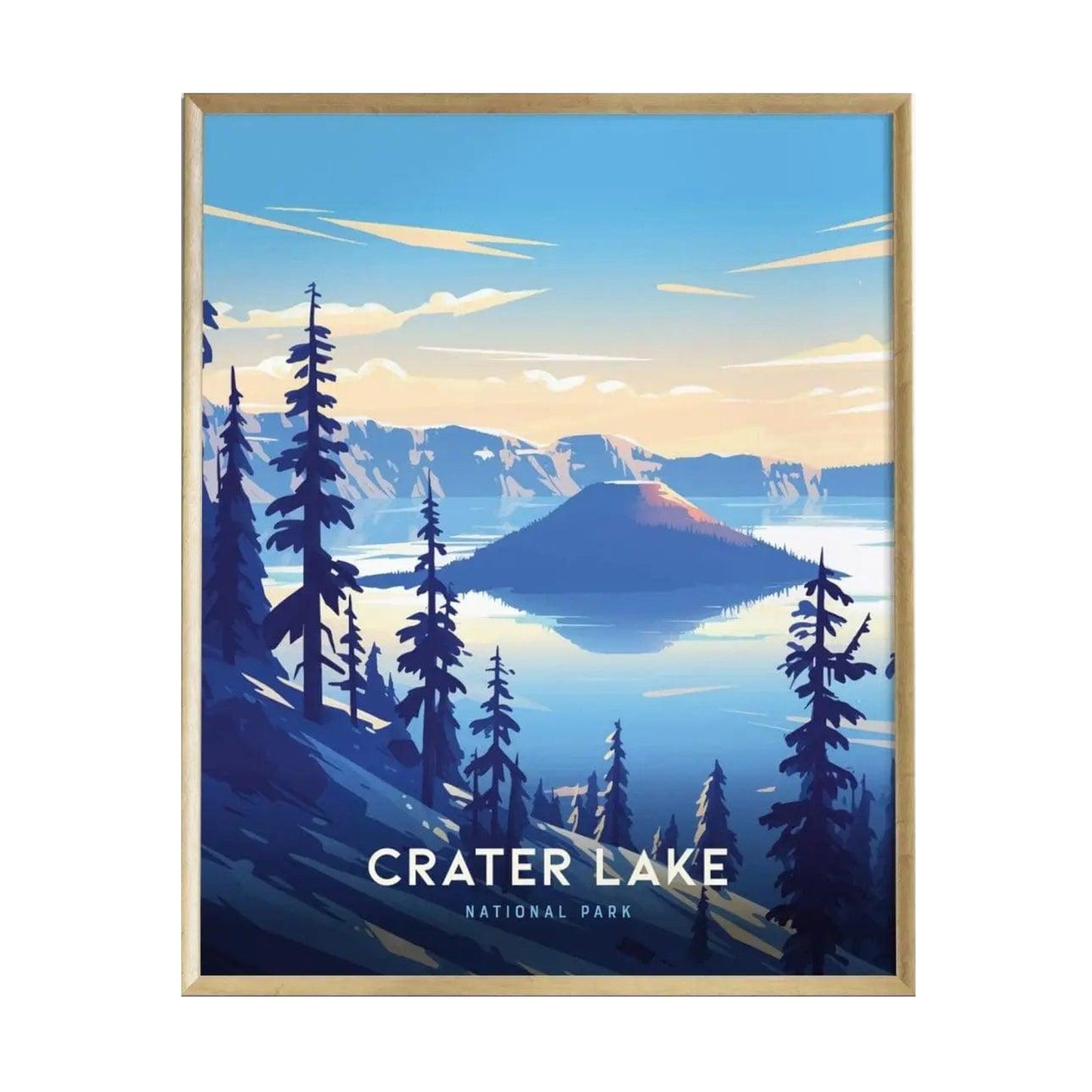A vibrant poster of Crater Lake National Park features a serene landscape with a mirrored lake surrounded by towering volcanic cliffs and evergreen trees.
