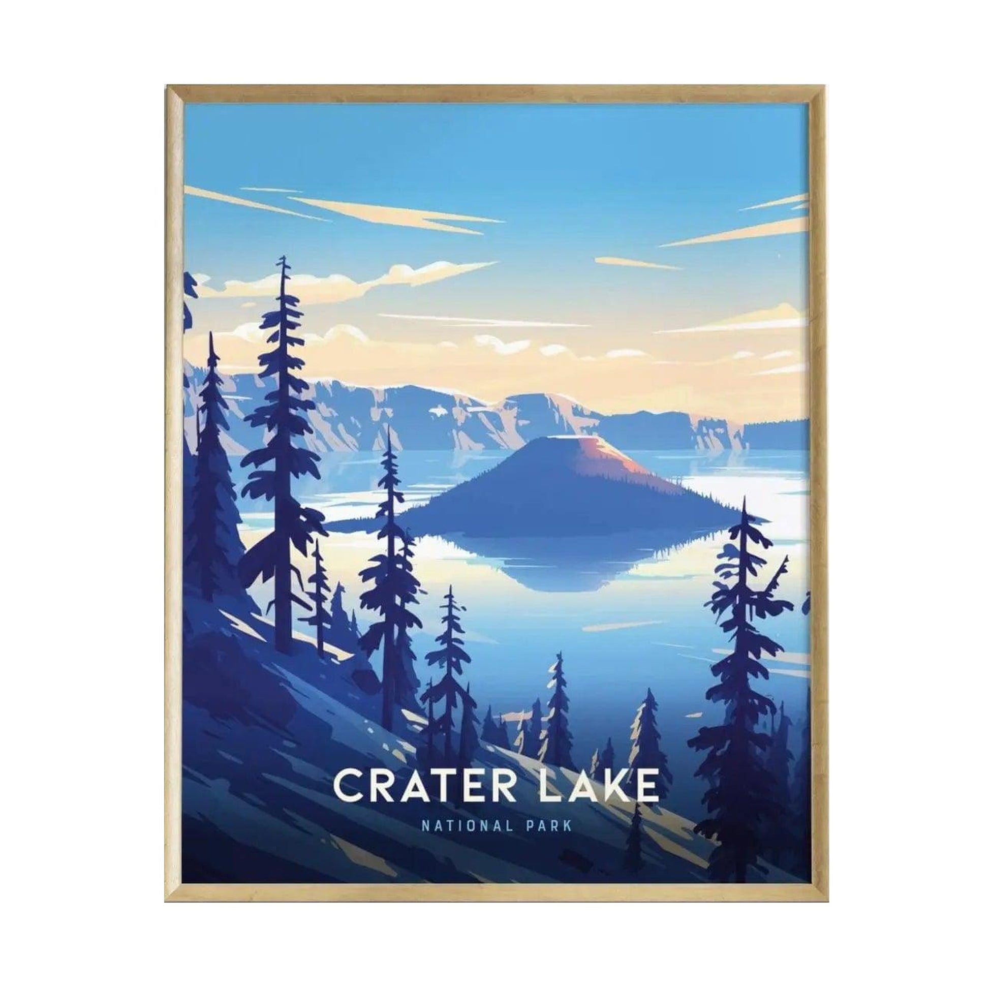 A vibrant poster of Crater Lake National Park features a serene landscape with a mirrored lake surrounded by towering volcanic cliffs and evergreen trees.
