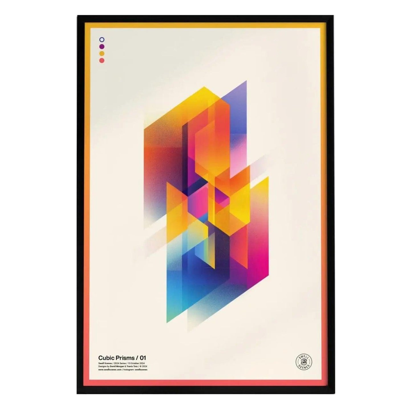 A modern minimalist poster titled Cubic Prisms / 01 features an abstract design with vibrant colors and geometric shapes, including overlapping transparent cubes in shades of yellow, orange, and blue.