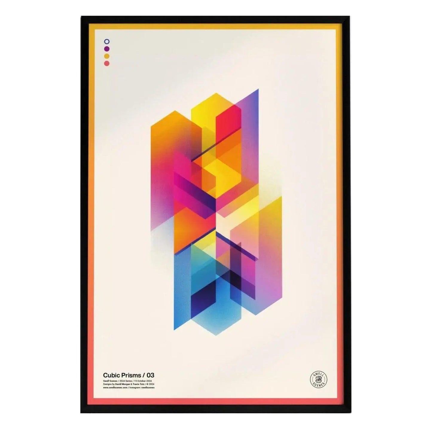 A modern abstract poster titled Cubic Prisms / 03, featuring a vibrant composition of intersecting geometric shapes in shades of yellow, pink, and blue. The design showcases layered transparency and a minimalist aesthetic.