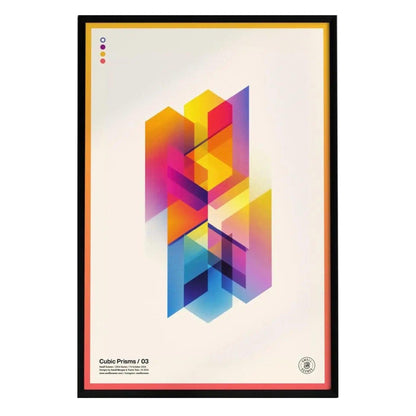 A modern abstract poster titled Cubic Prisms / 03, featuring a vibrant composition of intersecting geometric shapes in shades of yellow, pink, and blue. The design showcases layered transparency and a minimalist aesthetic.