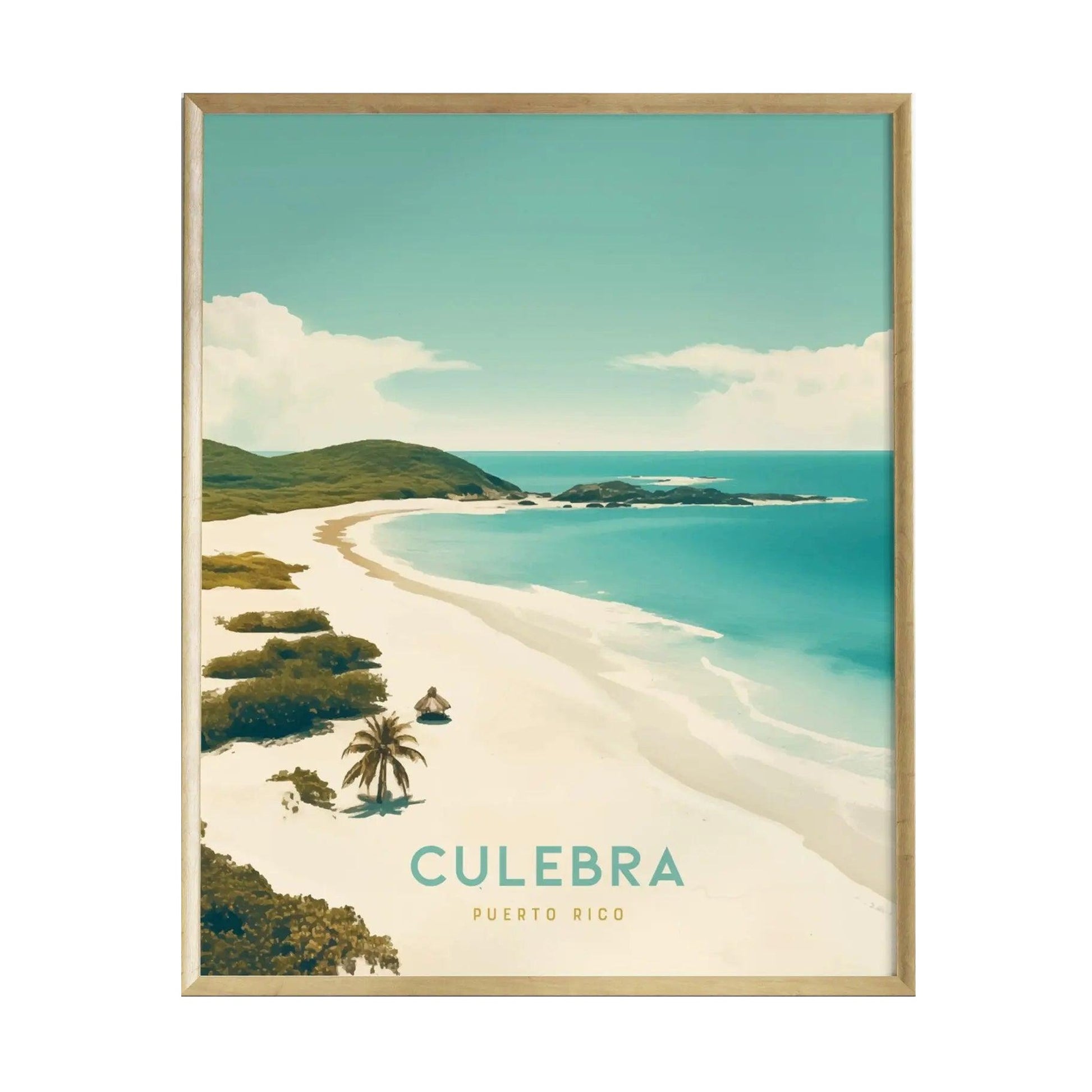 A vibrant art print of Culebra, Puerto Rico, showcasing a serene beach scene with turquoise waters and lush green hills. The illustration features a sandy shoreline, palm trees, and the word CULEBRA prominently displayed at the bottom.