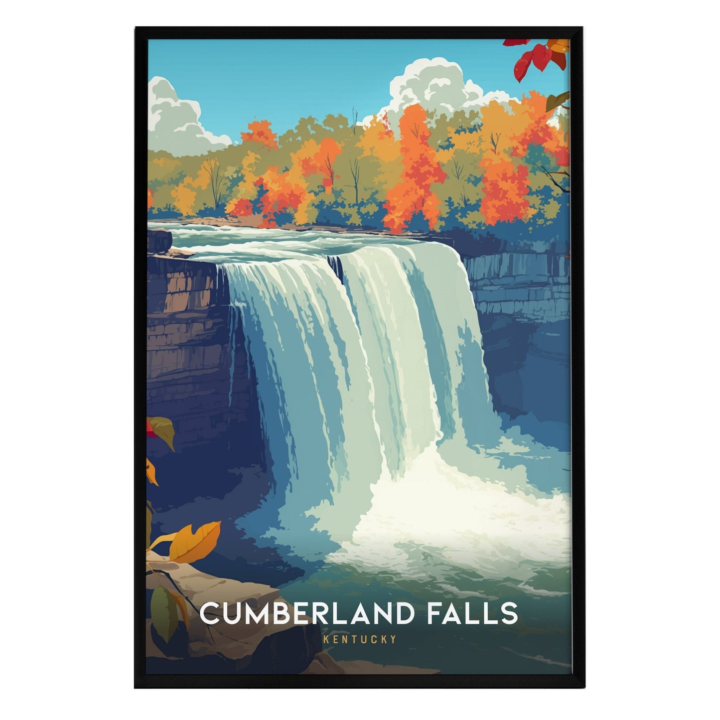 A vibrant vintage-style poster featuring Cumberland Falls in Kentucky, showcasing cascading waters surrounded by colorful autumn foliage. The artwork captures the natural beauty of the falls with bold colors and a serene atmosphere.