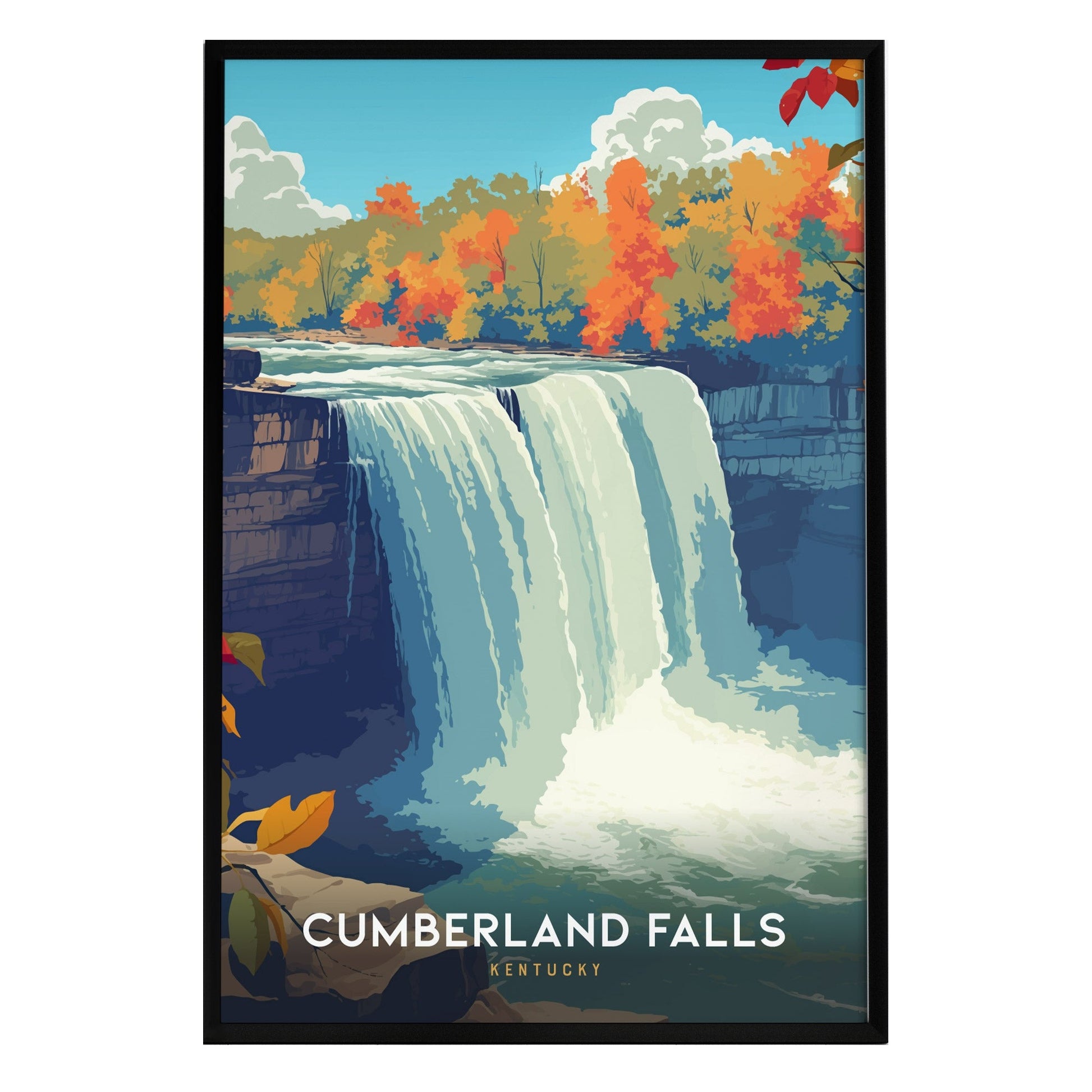 A vibrant vintage-style poster featuring Cumberland Falls in Kentucky, showcasing cascading waters surrounded by colorful autumn foliage. The artwork captures the natural beauty of the falls with bold colors and a serene atmosphere.