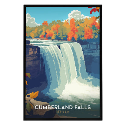 A vibrant vintage-style poster featuring Cumberland Falls in Kentucky, showcasing cascading waters surrounded by colorful autumn foliage. The artwork captures the natural beauty of the falls with bold colors and a serene atmosphere.