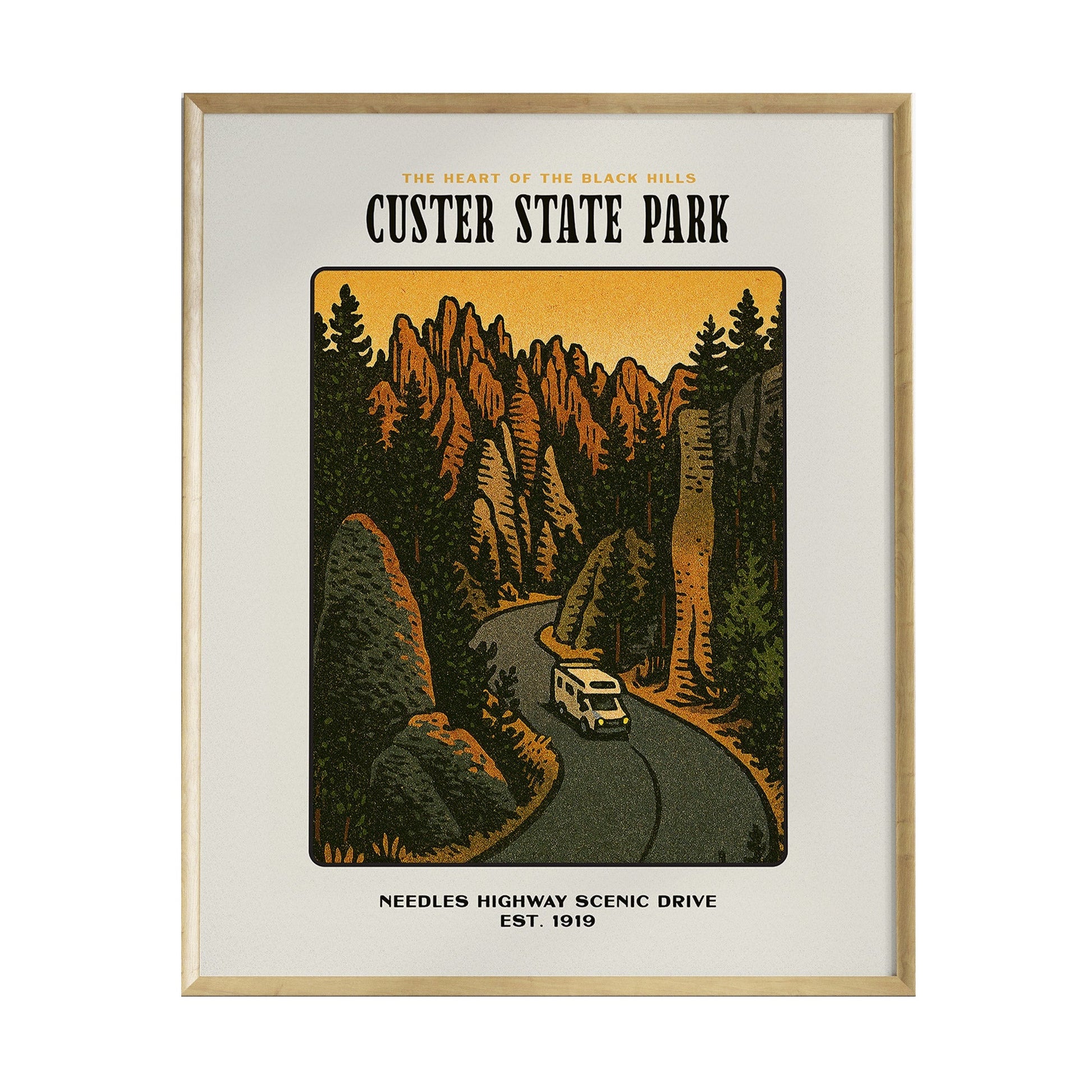A vintage-style poster of Custer State Park showcases a scenic view of granite peaks and pine trees along a winding road.