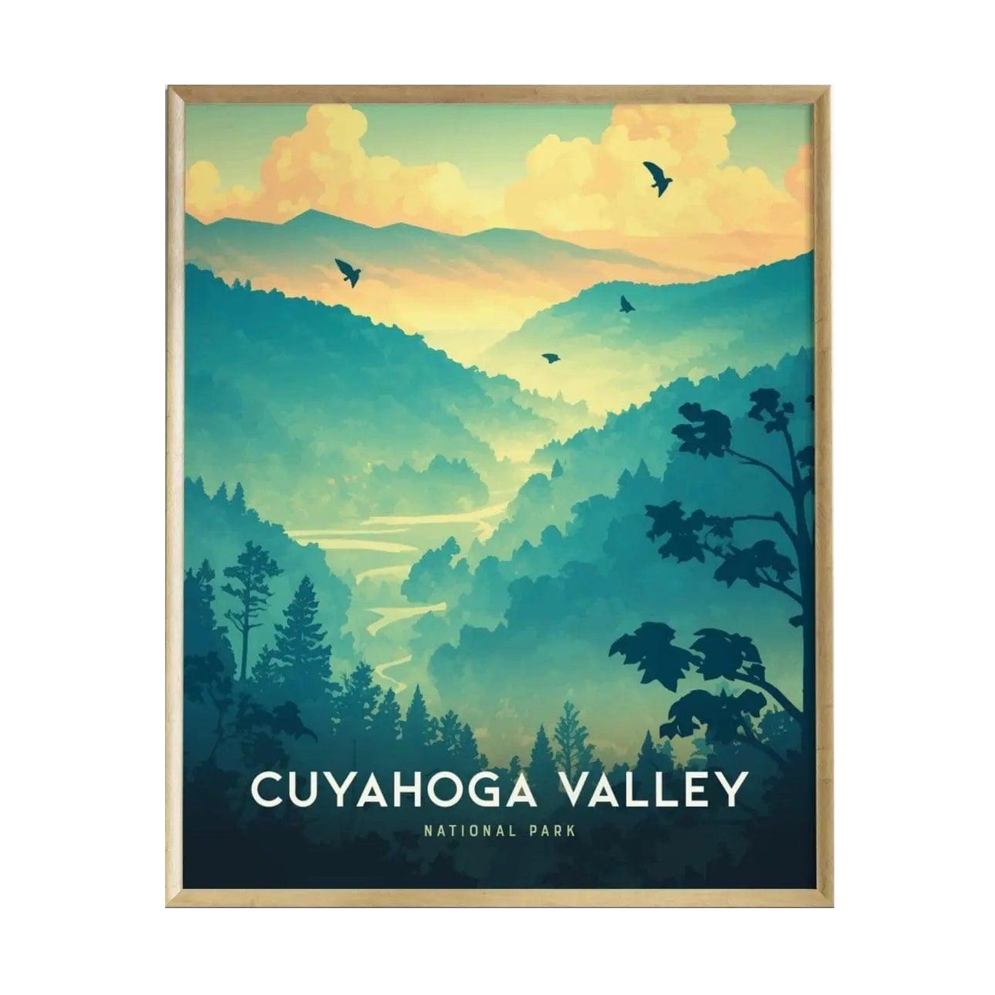 A vibrant poster of Cuyahoga Valley National Park features stylized silhouettes of trees and rolling hills in shades of blue and green, with a serene river winding through the landscape.