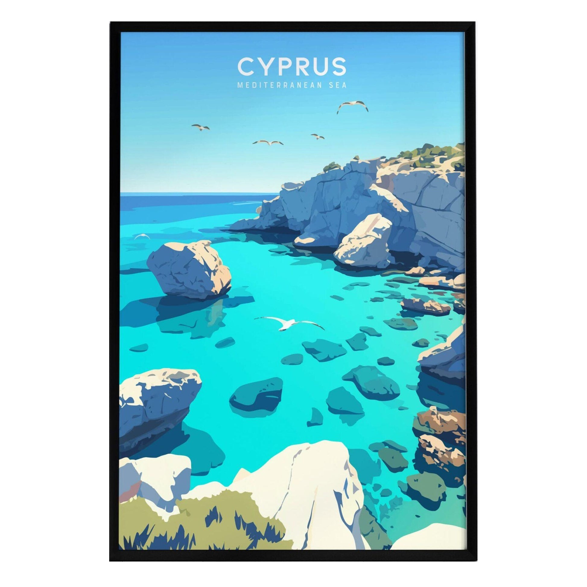 A vibrant illustration of Cyprus coastline, featuring clear turquoise waters, rugged cliffs, and soaring seabirds. The artwork captures the serene beauty of the Mediterranean, with the word CYPRUS prominently displayed at the top.
