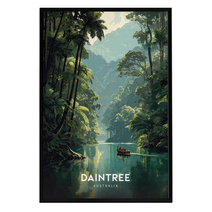 A vibrant poster depicting the Daintree Rainforest in Australia, showcasing a serene river flanked by lush greenery and towering trees. A small boat glides through the calm waters, capturing the tranquility of this natural paradise.