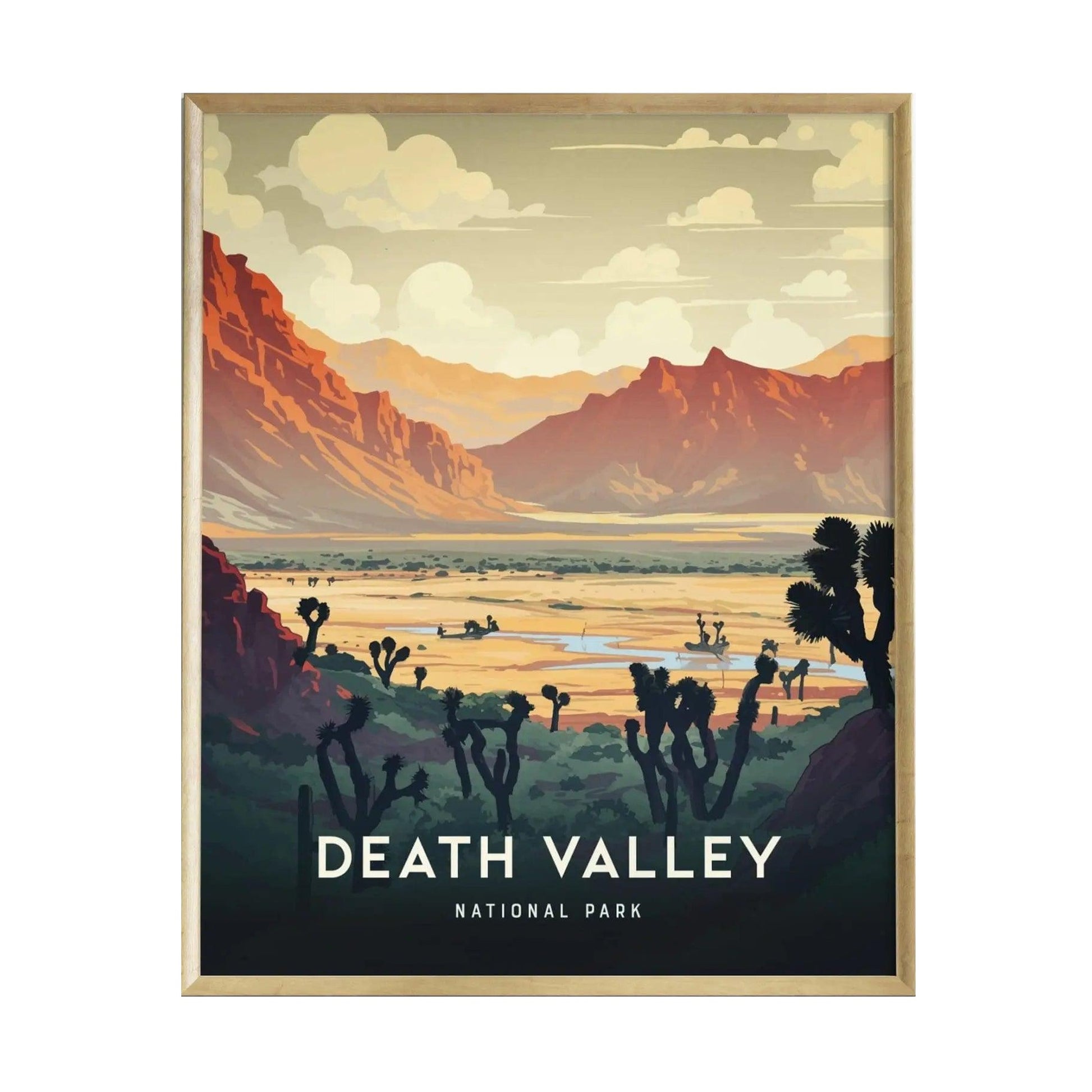 A vibrant art print of Death Valley National Park showcases a stunning landscape featuring red rock formations, a valley with greenery, and a cloudy sky.