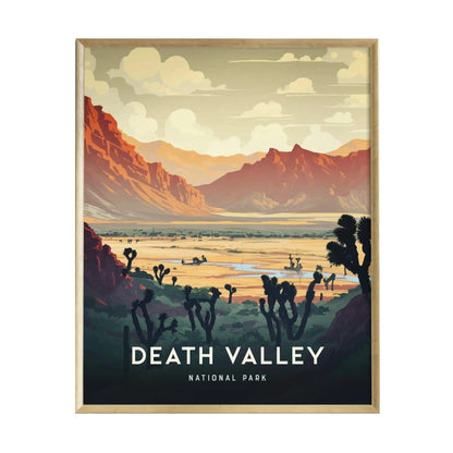A vibrant art print depicting the stunning landscape of Death Valley National Park, featuring dramatic red mountains, a valley with sparse vegetation, and a colorful sky.