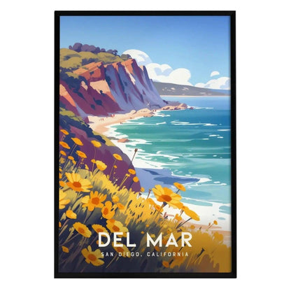 A vibrant poster depicting the coastal scenery of Del Mar, California, showcases sunlit cliffs, turquoise ocean waves, and colorful wildflowers in the foreground.
