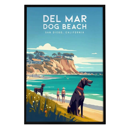 A vibrant illustration of Del Mar Dog Beach in San Diego, California, featuring two dogs in the foreground with a scenic beach and cliffs in the background.