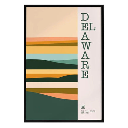 A minimalist design poster featuring the word DELAWARE prominently displayed in bold green typography on a light background. The artwork showcases abstract layered shapes in warm, earthy tones, representing the charm of Delaware.