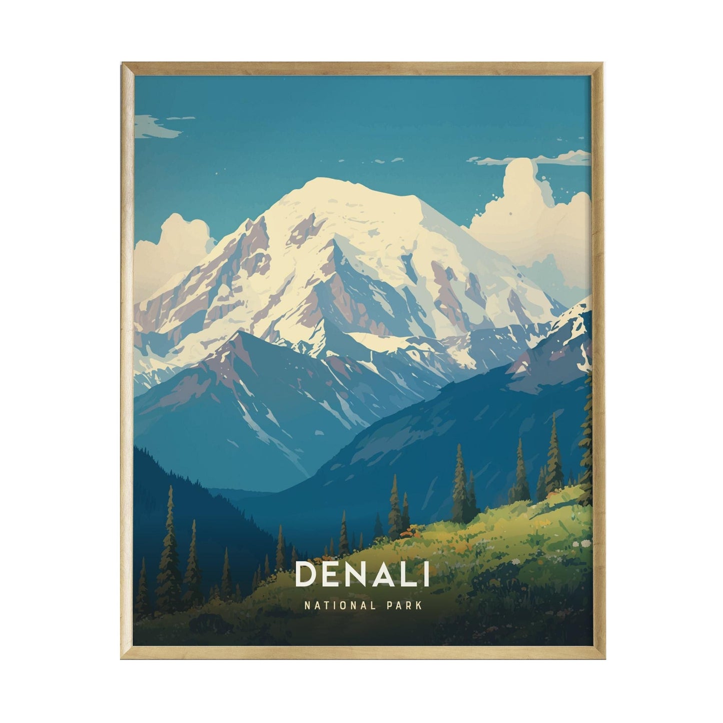 A vibrant poster depicting Denali National Park, featuring majestic snow-capped mountains under a blue sky, surrounded by lush green valleys and trees.