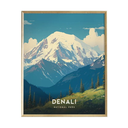 A vibrant poster depicting Denali National Park, featuring majestic snow-capped mountains under a blue sky, surrounded by lush green valleys and trees.