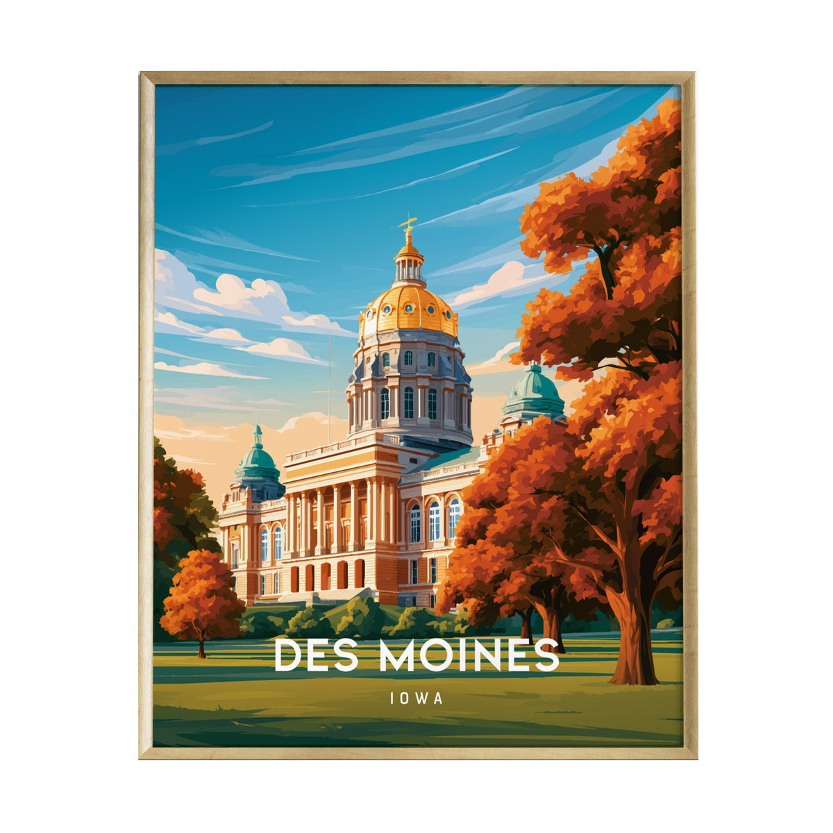 A vibrant illustration of the Iowa State Capitol in Des Moines, showcasing its golden dome and architectural details. Surrounding the building are lush green trees with autumn foliage, enhancing the picturesque scene.