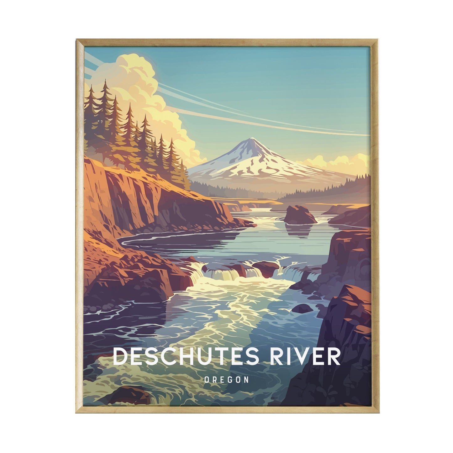 A framed poster of the Deschutes River in Oregon features a vibrant illustration of the river flowing through rocky terrain, surrounded by lush trees and a mountainous backdrop.