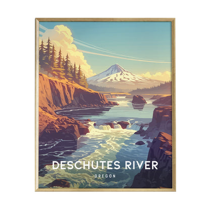 A framed poster of the Deschutes River in Oregon features a vibrant illustration of the river flowing through rocky terrain, surrounded by lush trees and a mountainous backdrop.
